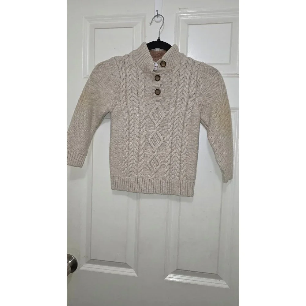 Hanna Anderson Kids Fisherman Cable Knit Beige Sweater Button Neck & Elbow Patch